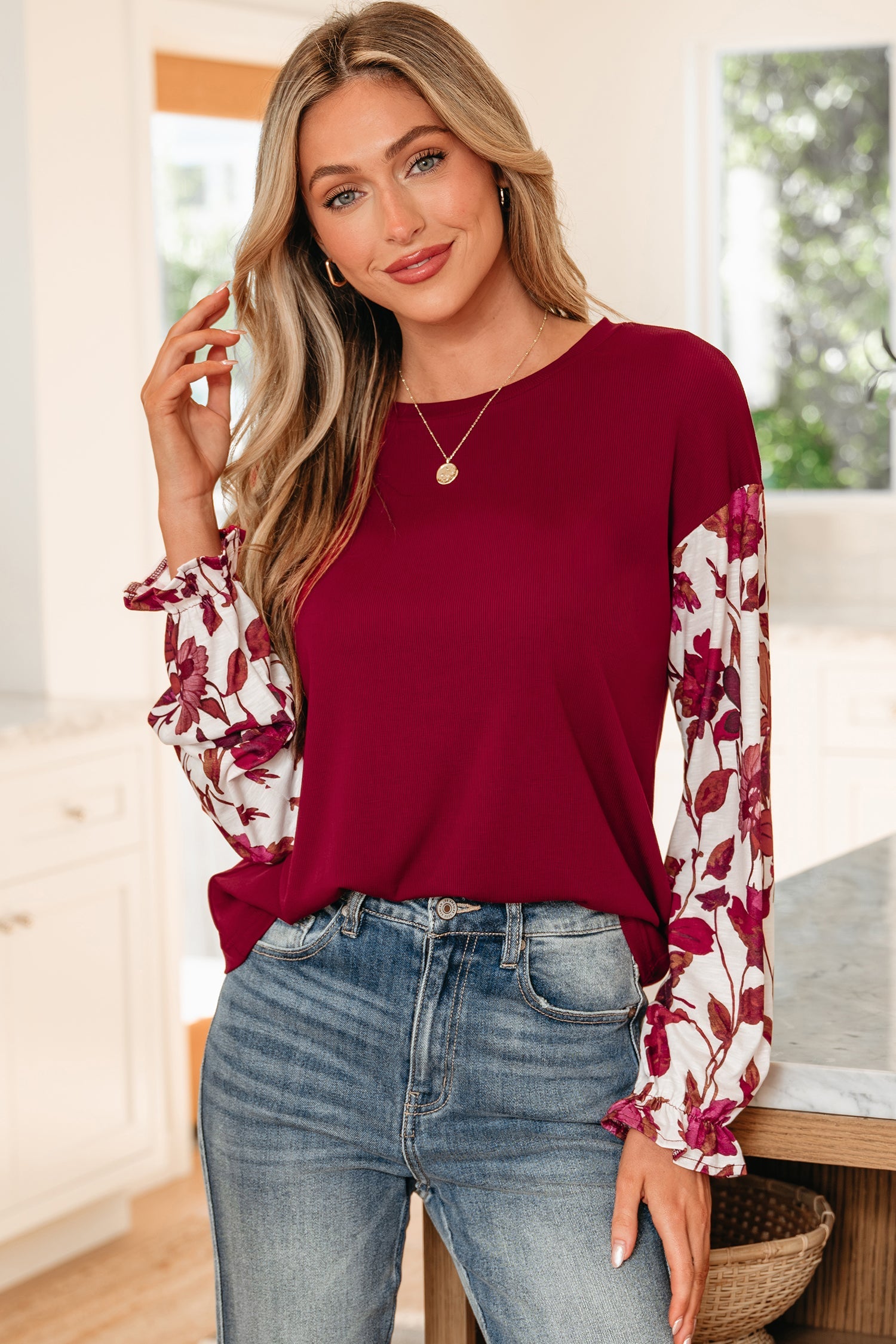 Wild Ginger Contrast Floral Sleeve Solid Ribbed Body Patchwork Long Sleeve Top