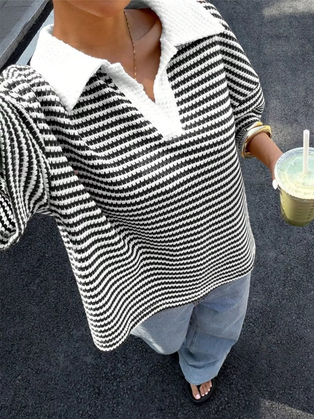 Striped Knit 3/4 Sleeve Polo Top