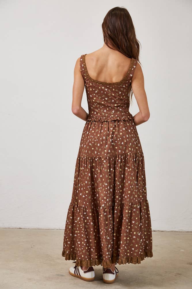 Floral Lace Trim Front Tie Top & Skirt Set