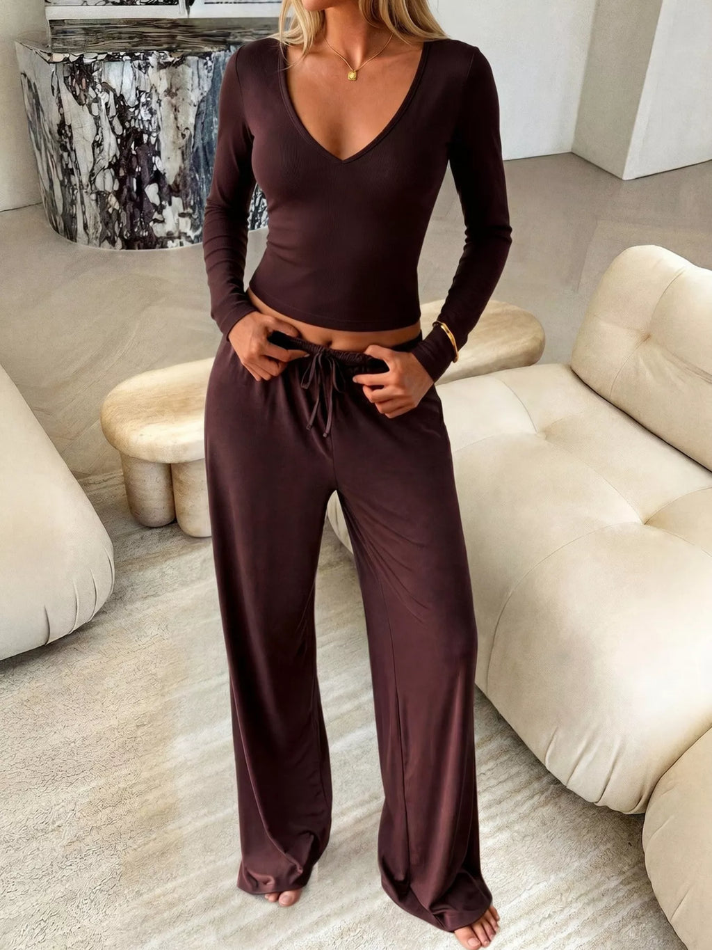 V-Neck Long Sleeve Top and Wide-Leg Pants Set