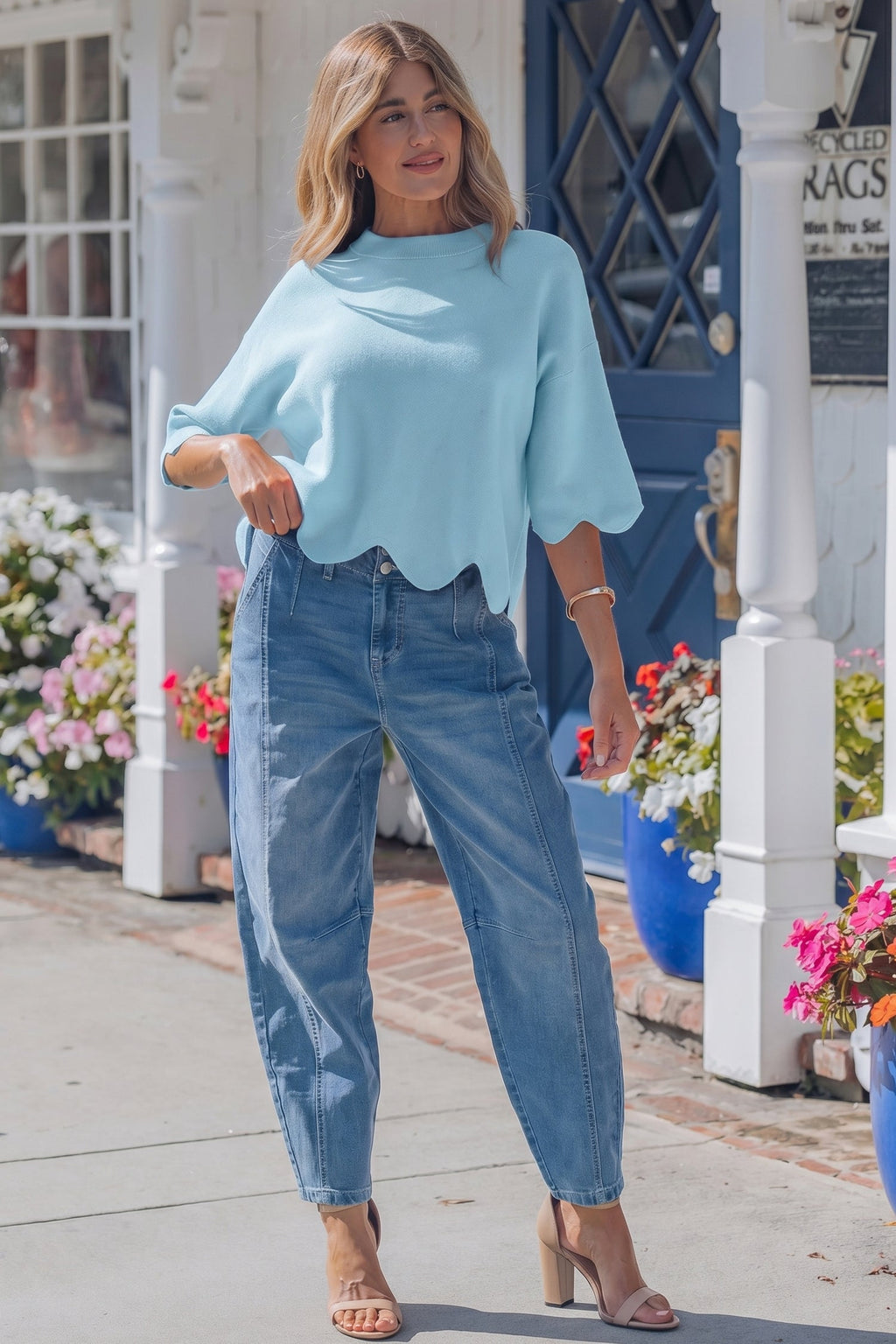 Myosotis Scalloped Hem 3/4 Sleeve Sweater Top