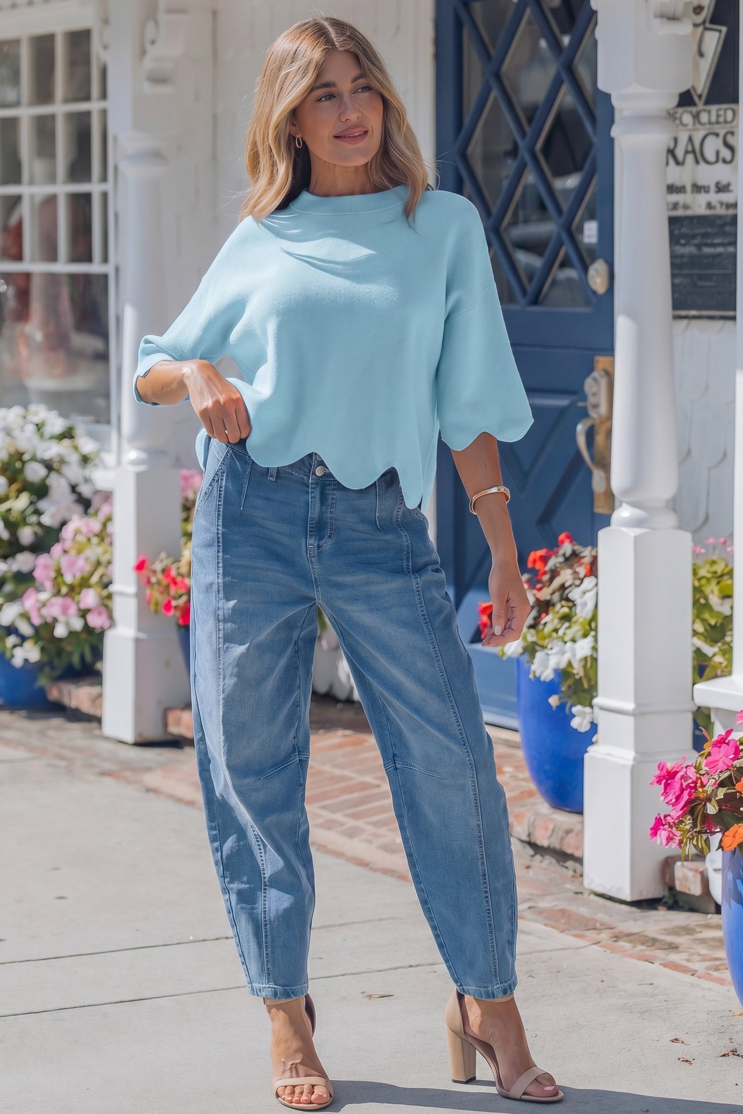 Myosotis Scalloped Hem 3/4 Sleeve Sweater Top