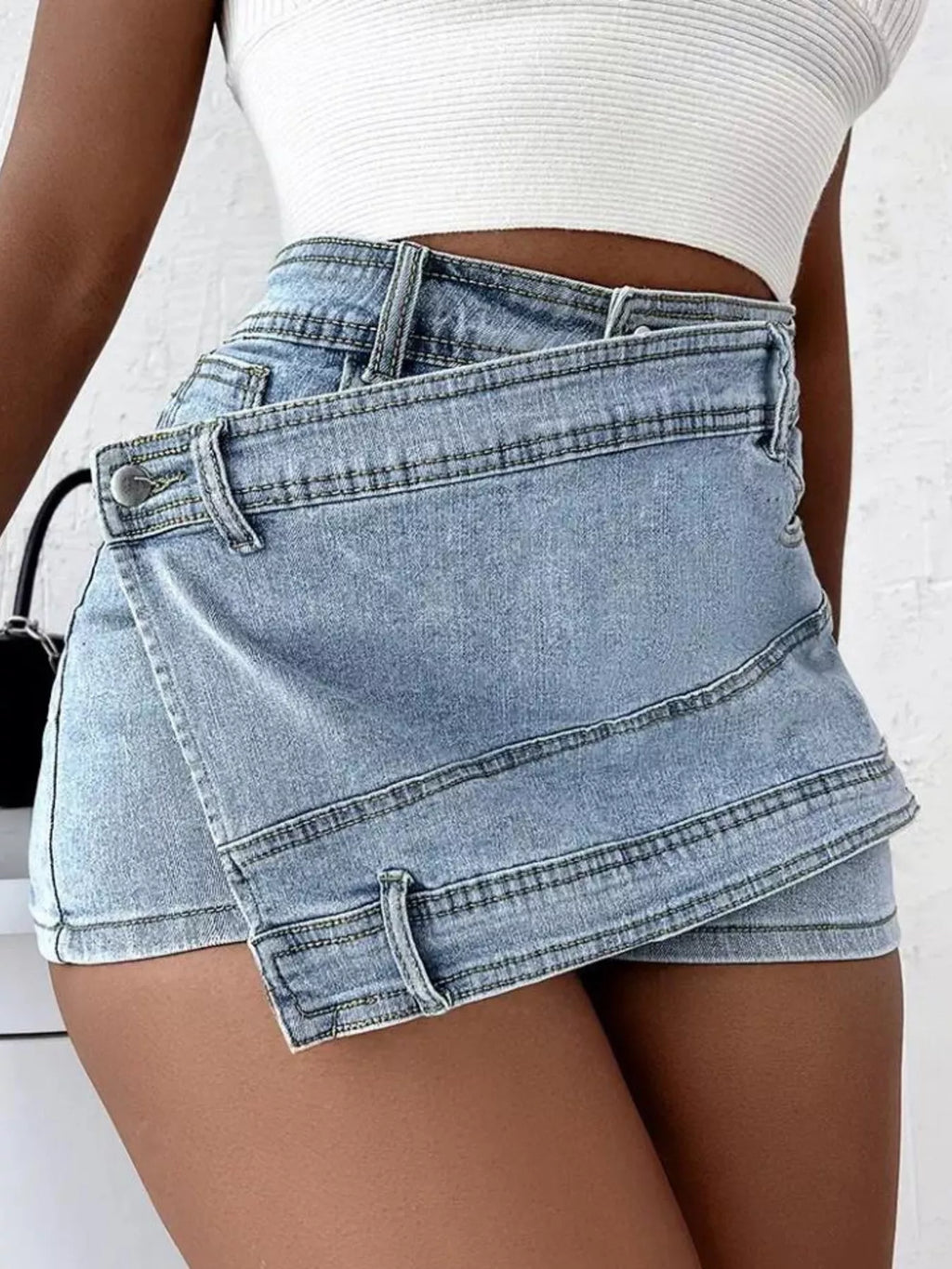 Asymmetrical Wrap Denim Shorts