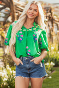 Green Floral Detail Tie Split Neck Short Sleeve Blouse