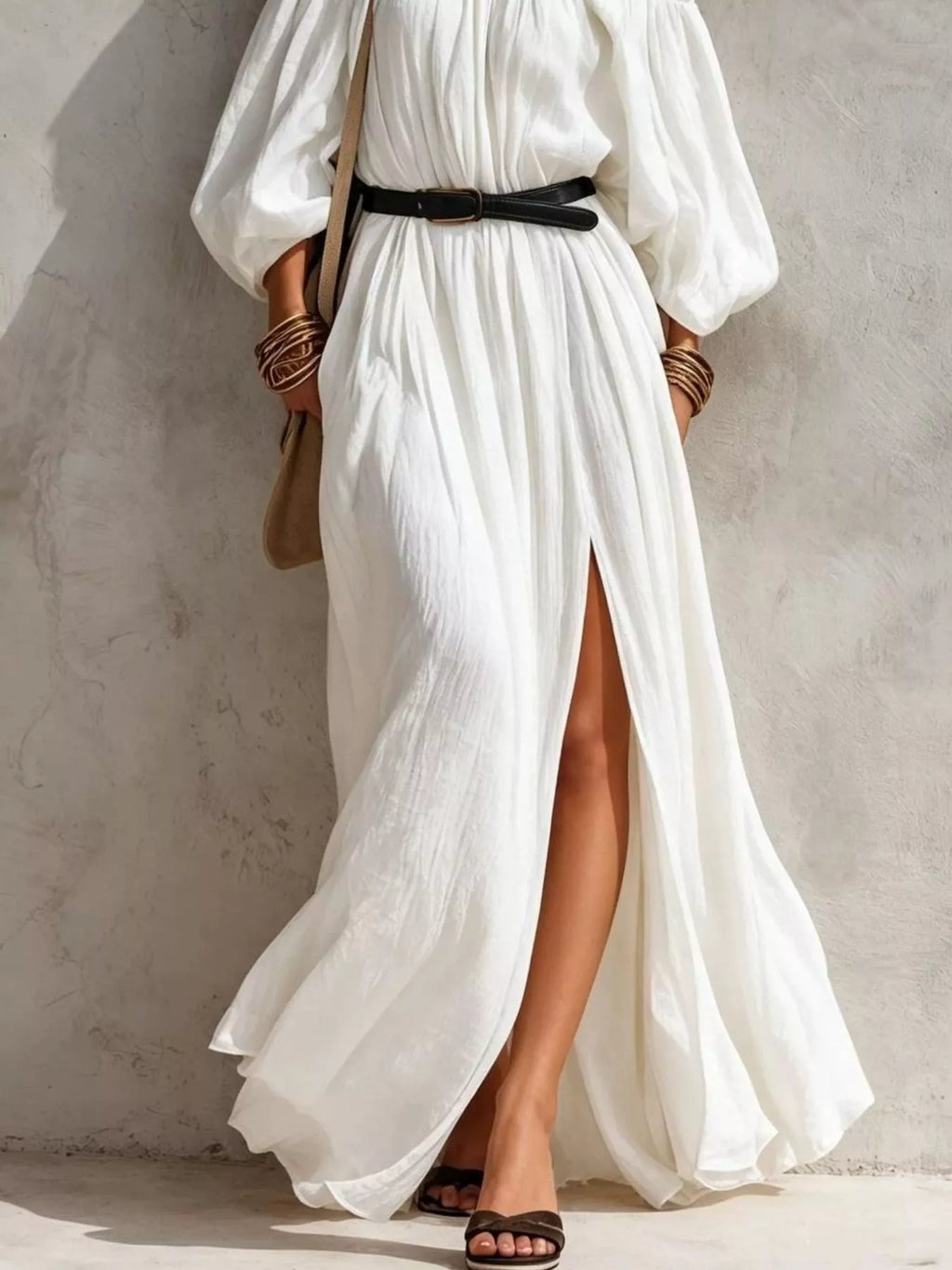 Boho Off-Shoulder Maxi Dress with Side Slit