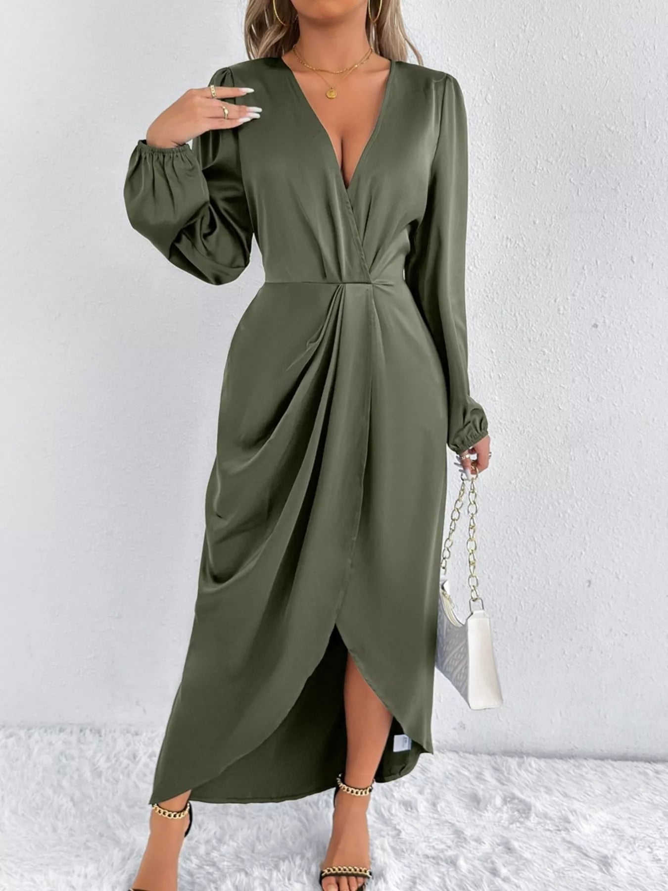 Satin Balloon Sleeve Midi Dress