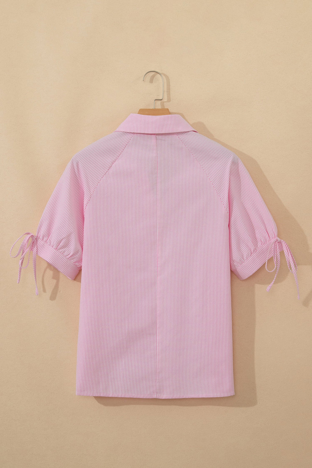 Pink Striped Print Collared Split Neck Half Sleeve Blouse