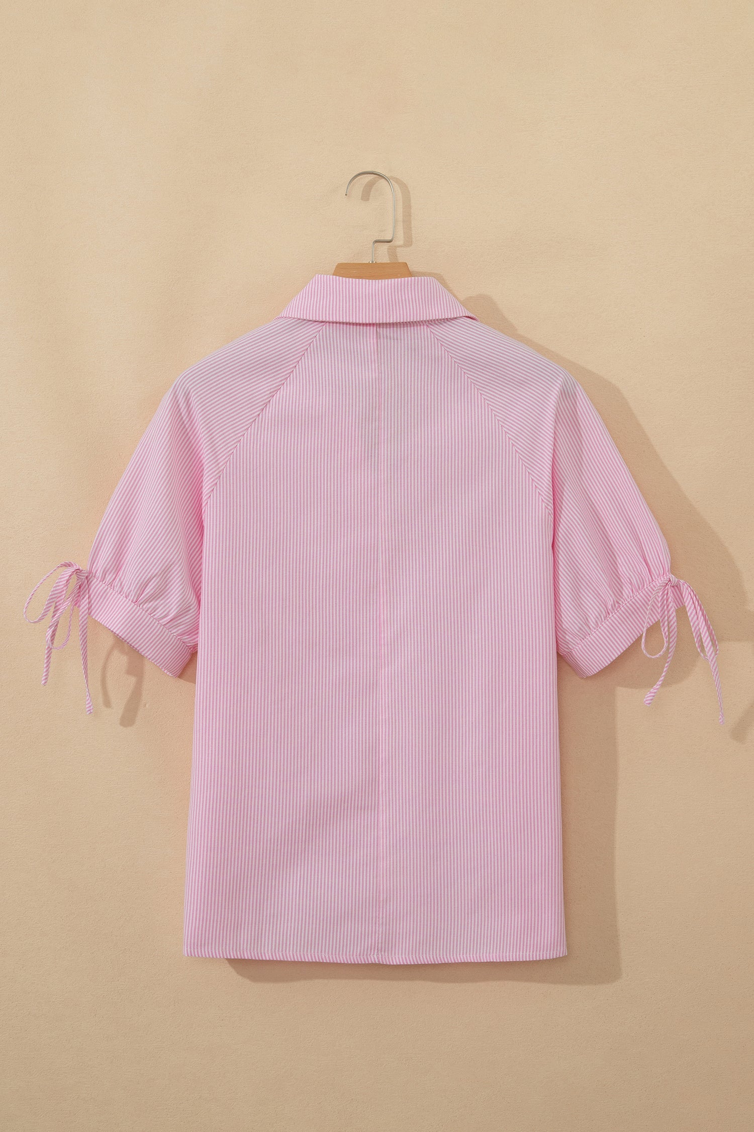 Pink Striped Print Collared Split Neck Half Sleeve Blouse