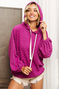 Brushed Checker Hoodie with Drawstring and Balloon Sleeves