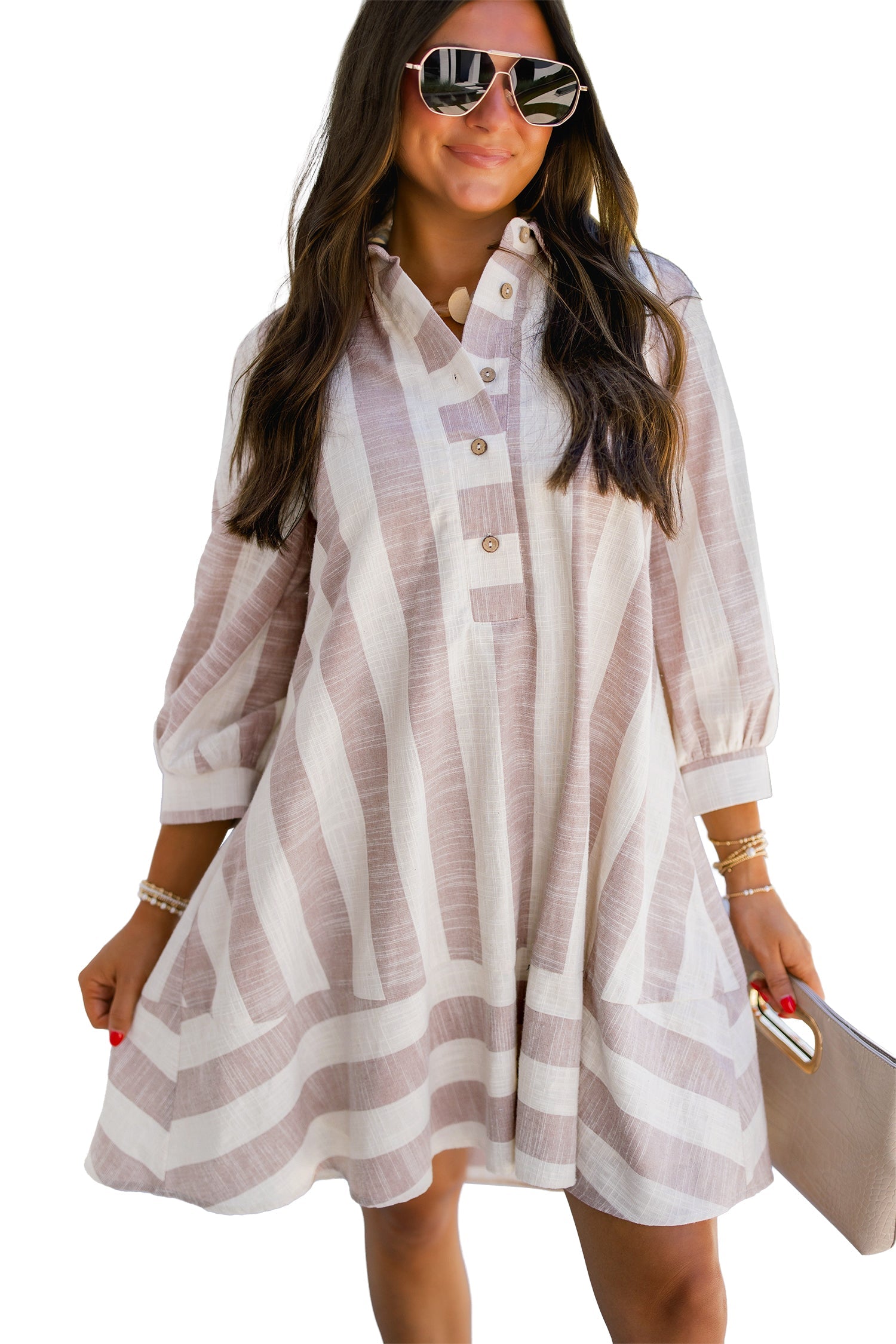 Khaki Stripe Striped Button-Up Three-Quarter Sleeve Short Shift Dress