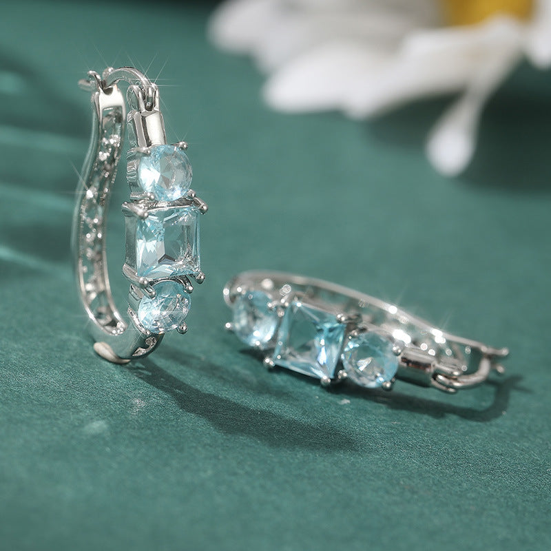 Elegant Blue Square Crystal Hoop Earrings Silver Tone Brass Women Wedding Party Fashion Jewelry Gift