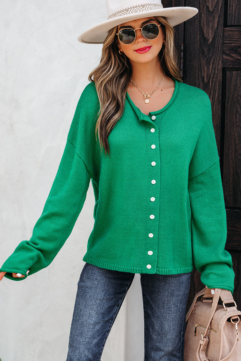 Solid Knit Button-Up Drop Shoulder Sweater Cardigan