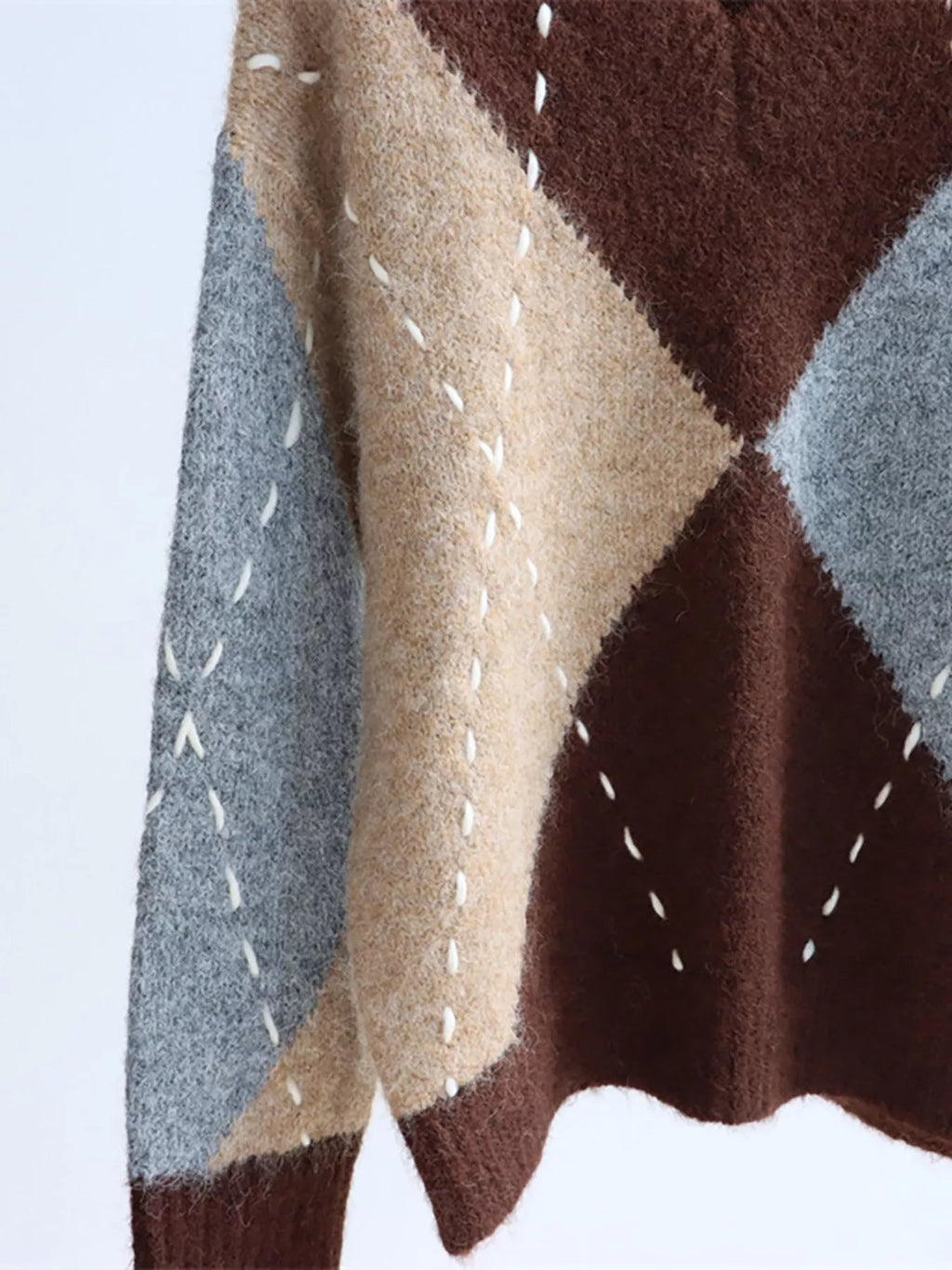 Argyle Pattern V-Neck Oversized Sweater
