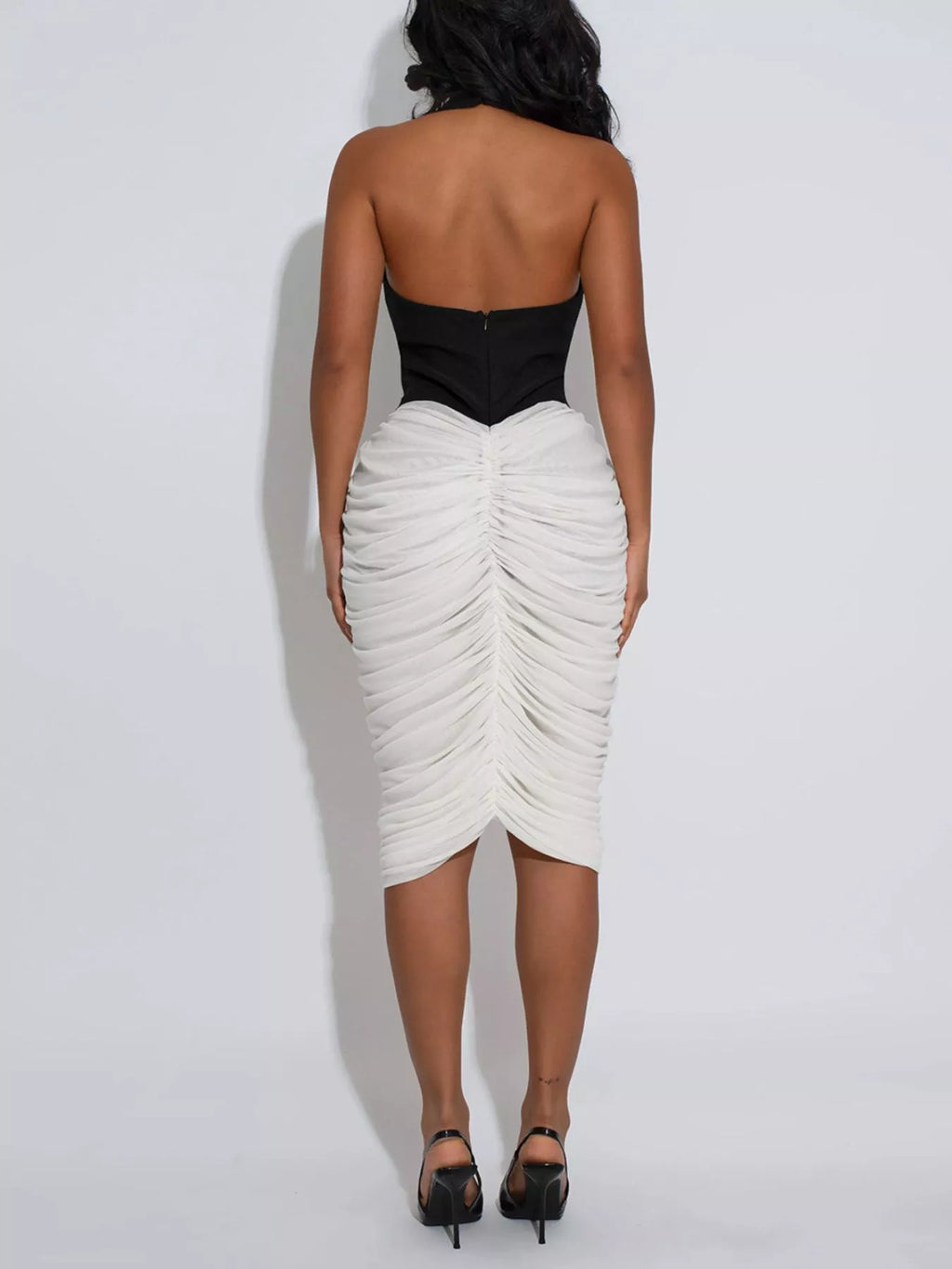 Two-Tone Sleeveless Ruched Midi Dress