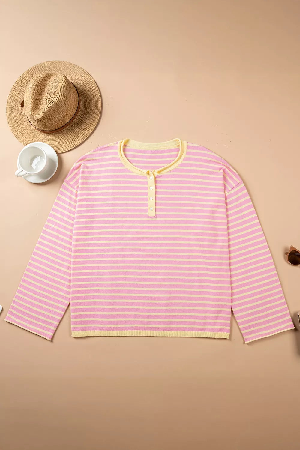 Plus Size Striped Long Sleeve Button Detail Sweater