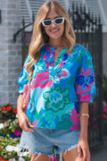 Sky Blue Floral Print V Neck Half Sleeve Blouse