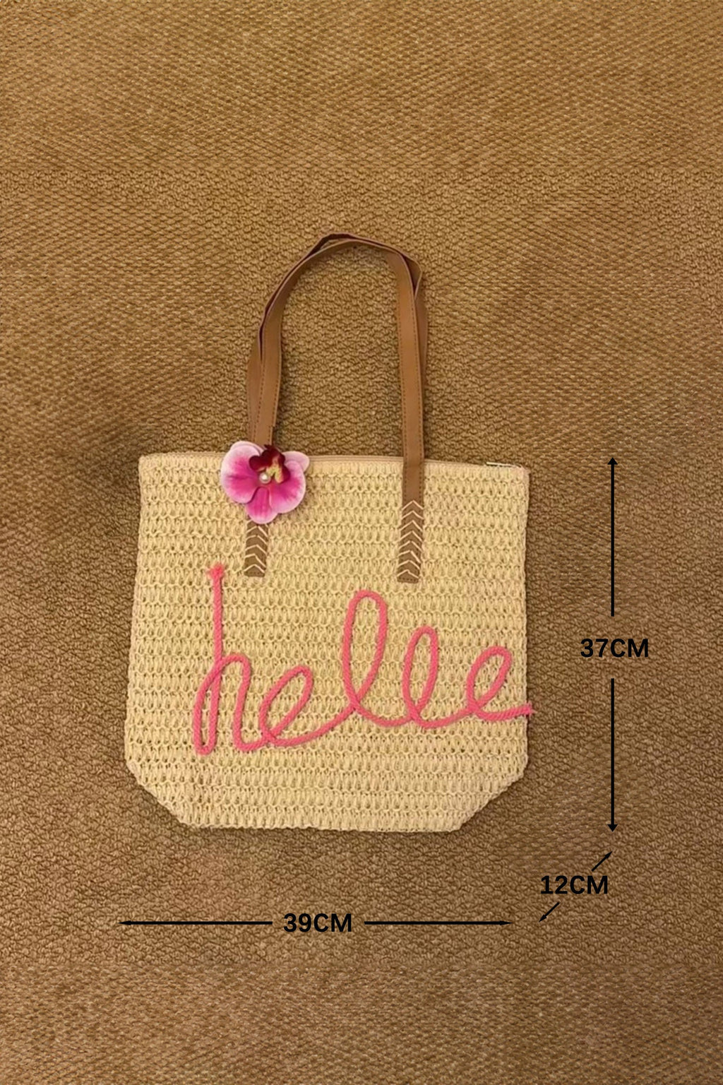 Khaki Hello Boho Handwoven Floral Accent Travel Tote Bag