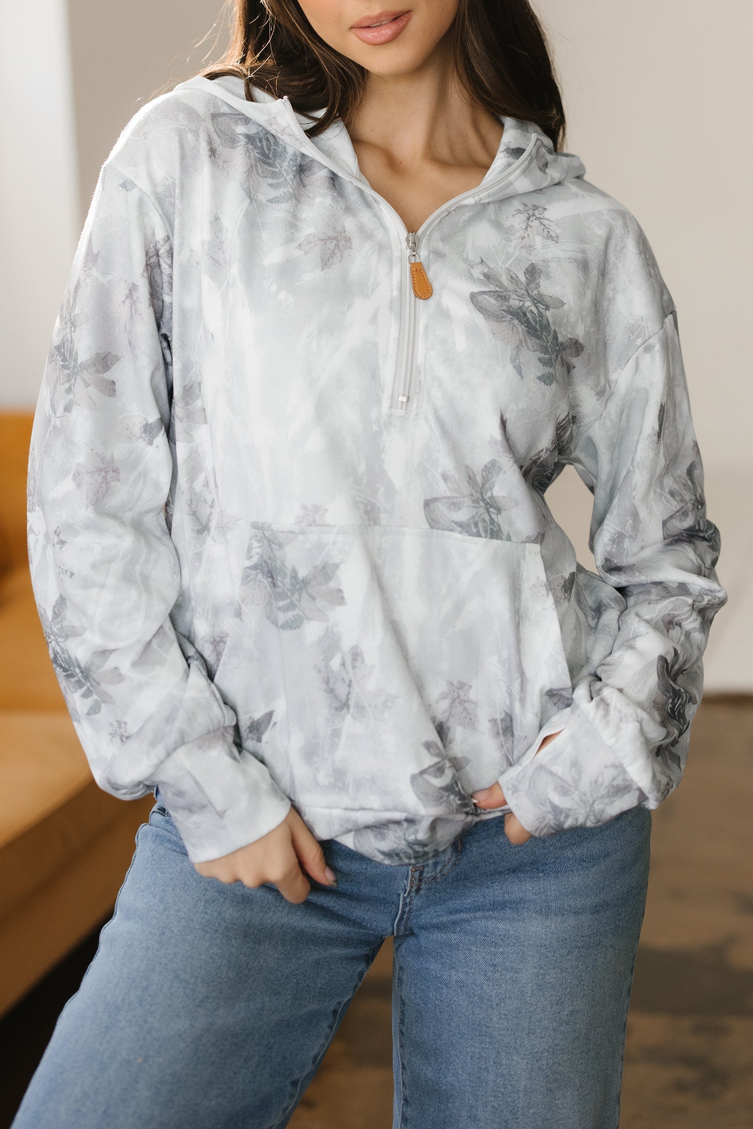 Gray Camo Leaf Print Kangaroo Pocket Quarter Zip Hoodie