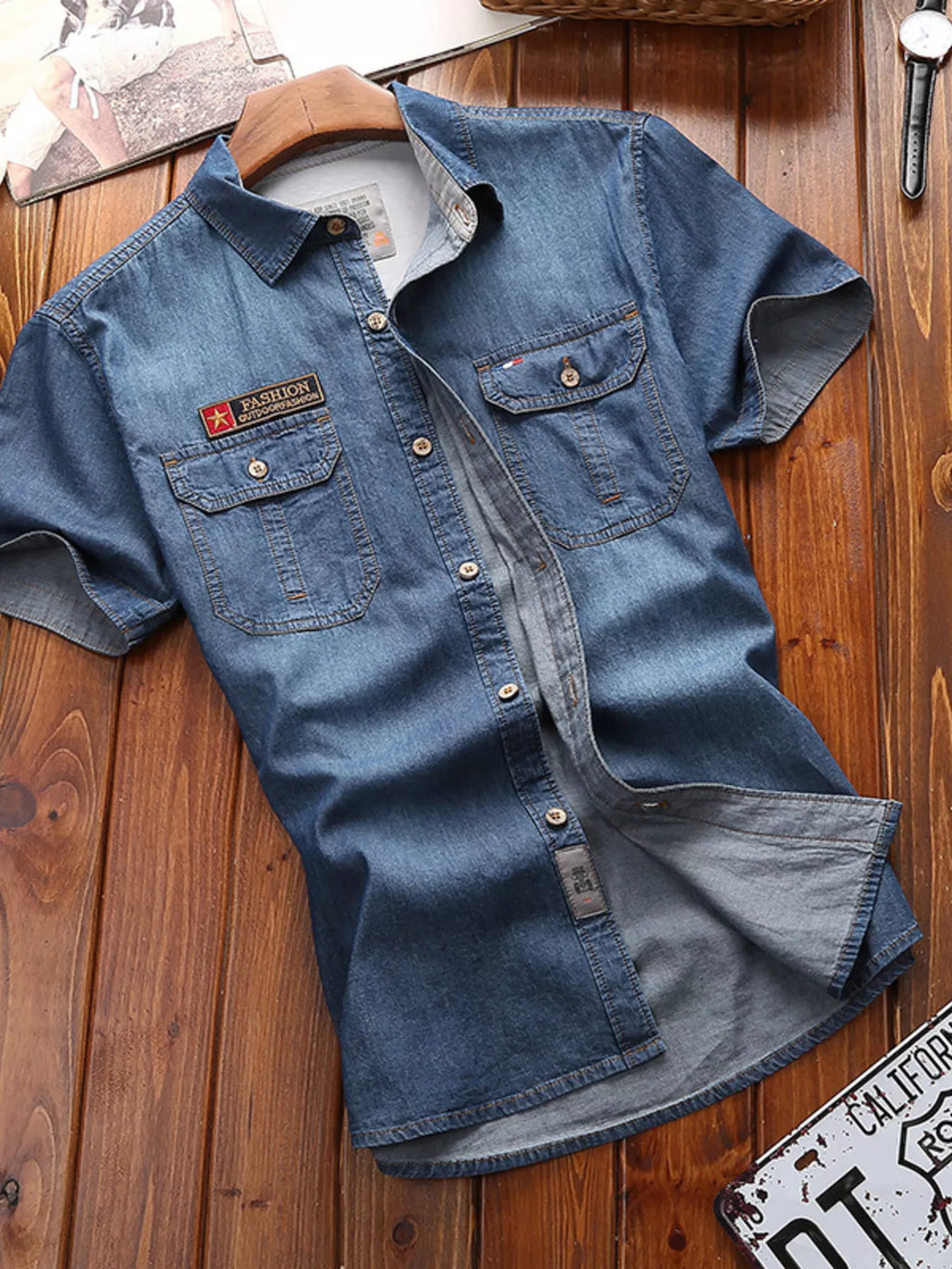 Men's Full Size Casual Short Sleeve Denim Shirt with Pockets Plus Size