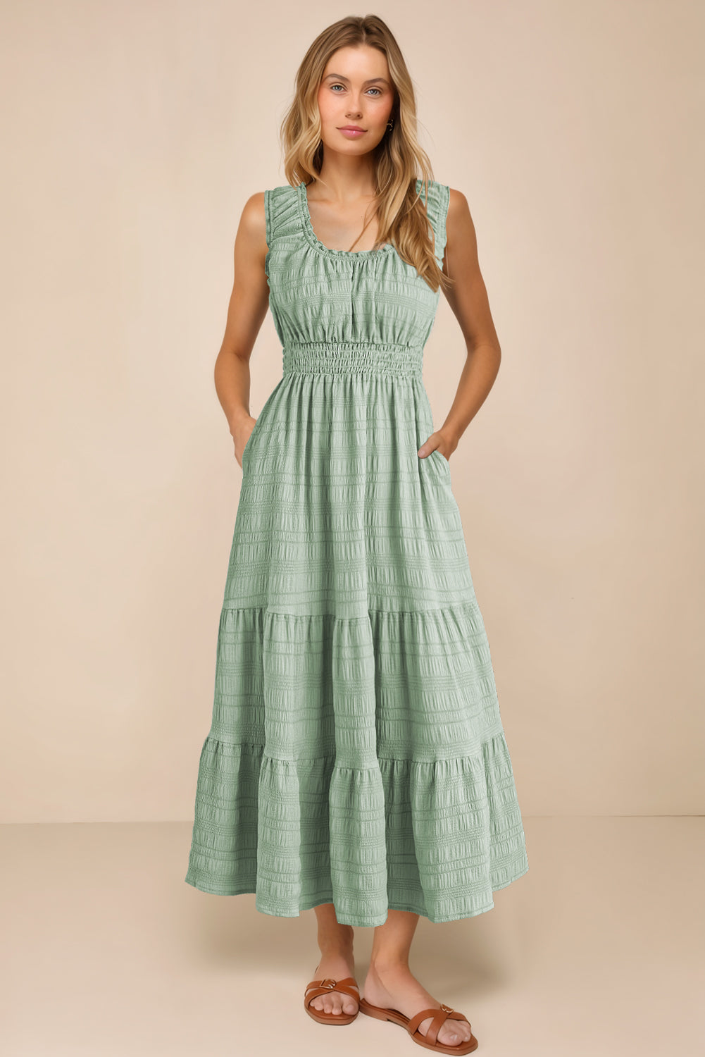 Green Shirred Pleated Square Neck Sleeveless Midi Dress