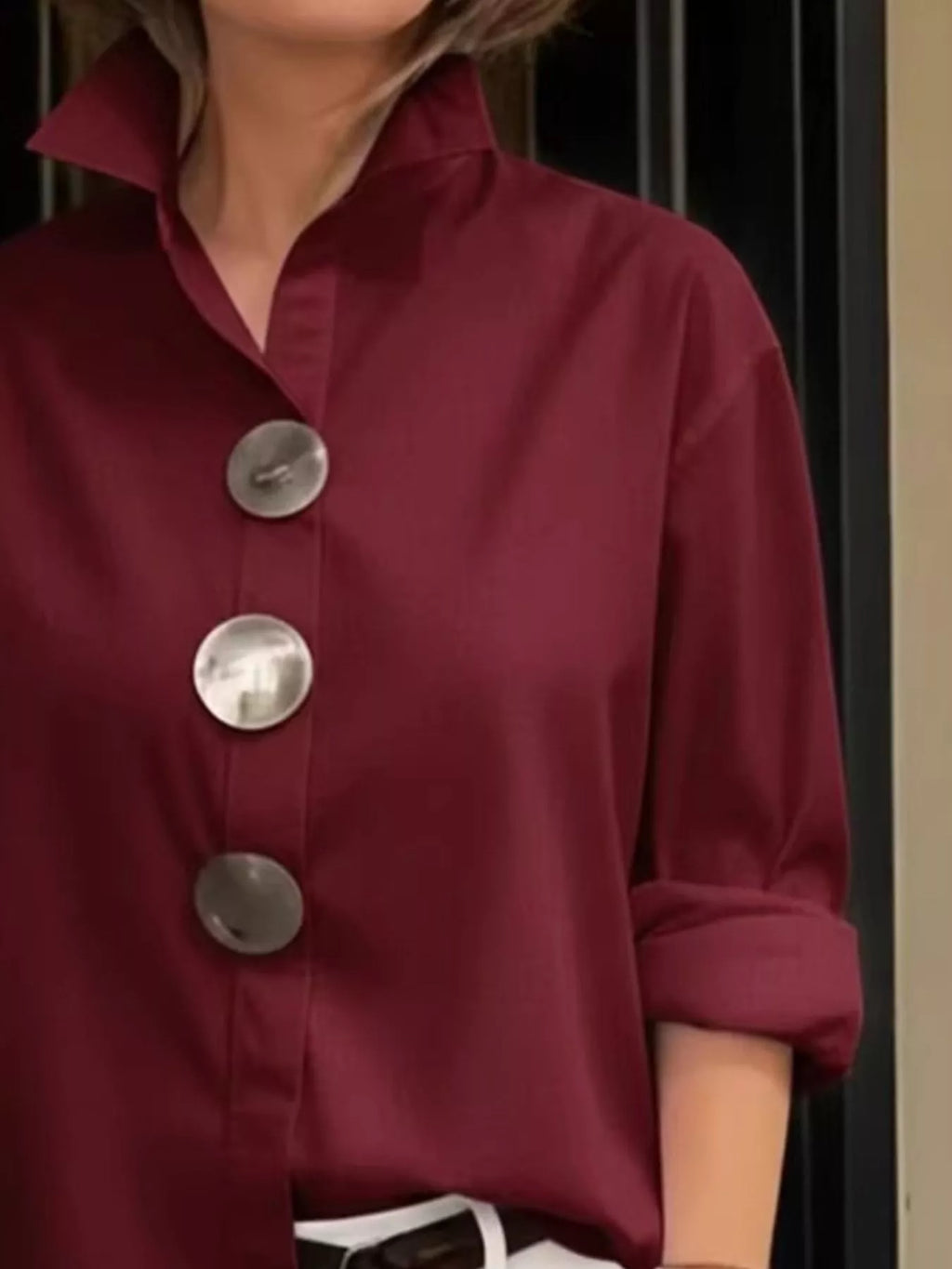 Full Size Oversized Metal Button Long Sleeve Shirt Plus Size