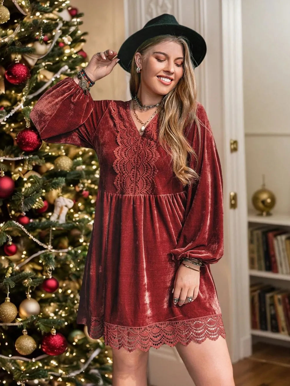 Plus Size Lace Detail V-Neck Long Sleeve Mini Dress