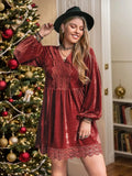 Plus Size Lace Detail V-Neck Long Sleeve Mini Dress