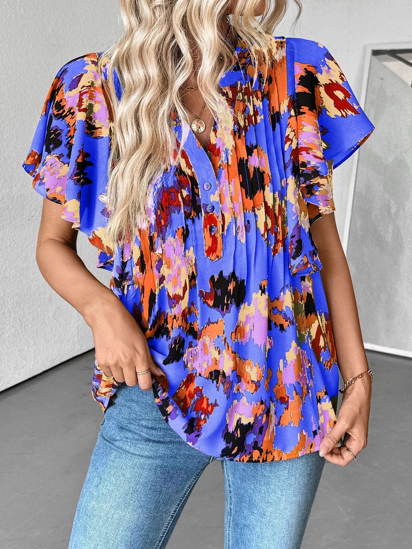 Abstract Print Flutter Sleeve Blouse