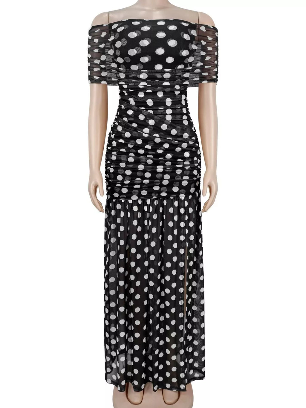 Polka Dot Off Shoulder Slit Maxi Dress