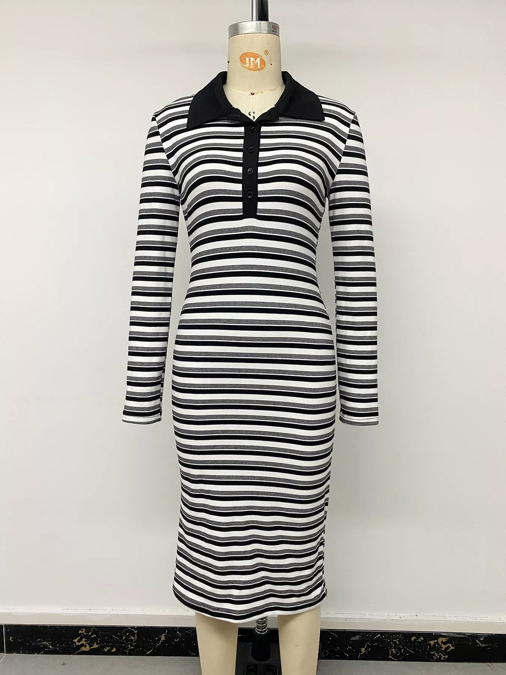 Striped Polo Collar Midi Dress