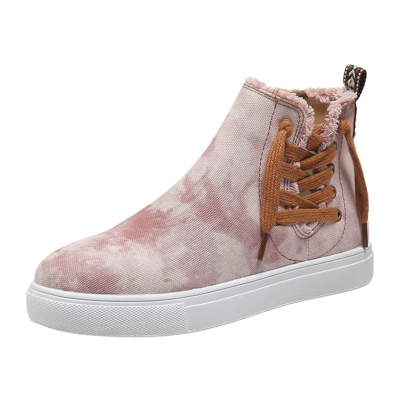 Lace-Up Round Toe Canvas Boots with Side Zip
