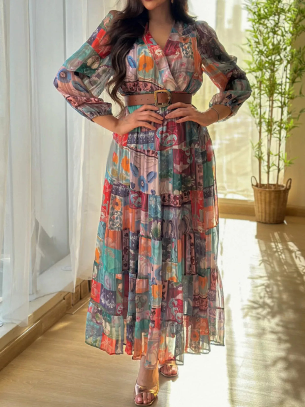Printed Surplice Long Sleeve Maxi Dress