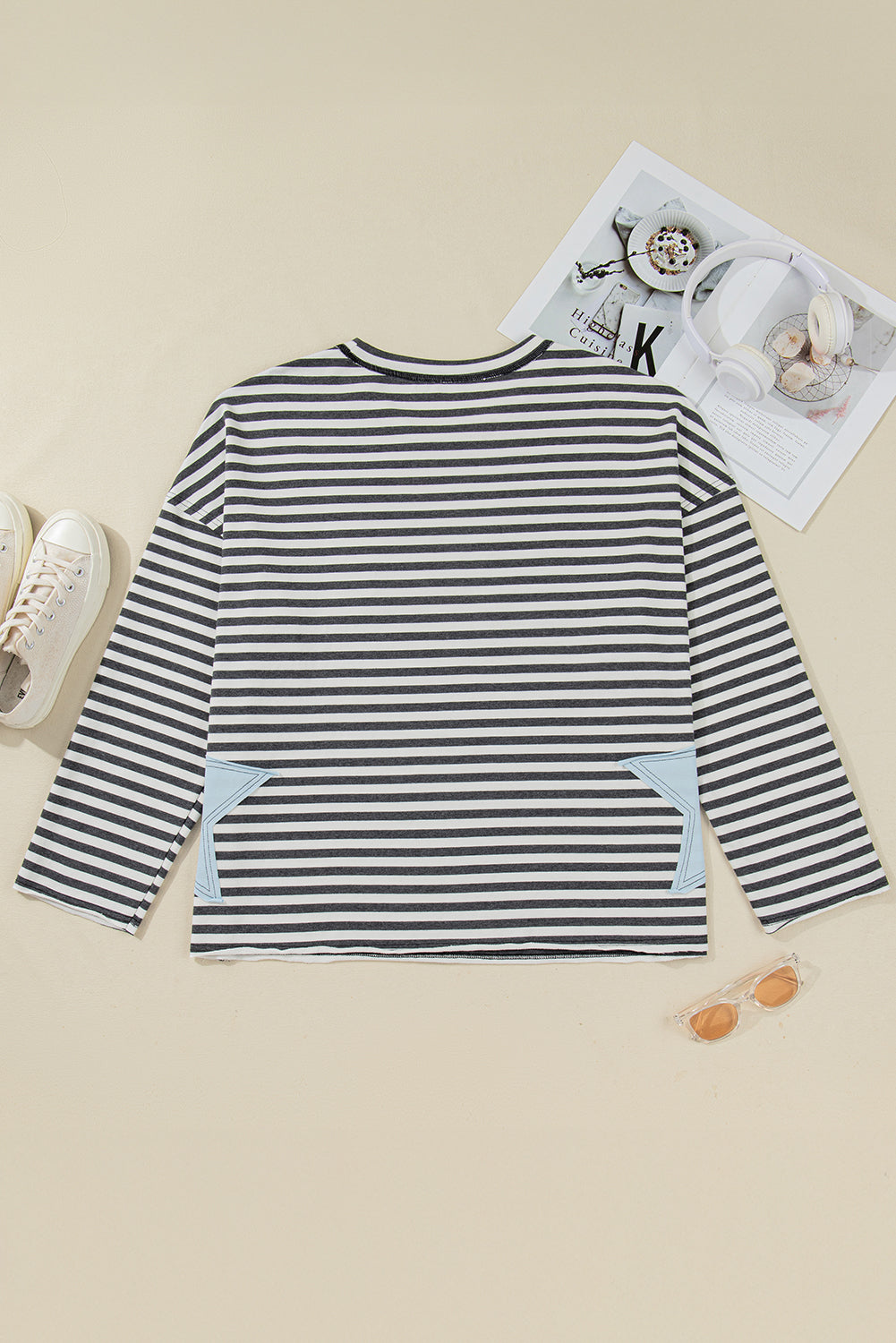 Plus Size Stripe Star Stitch Long Sleeve Top