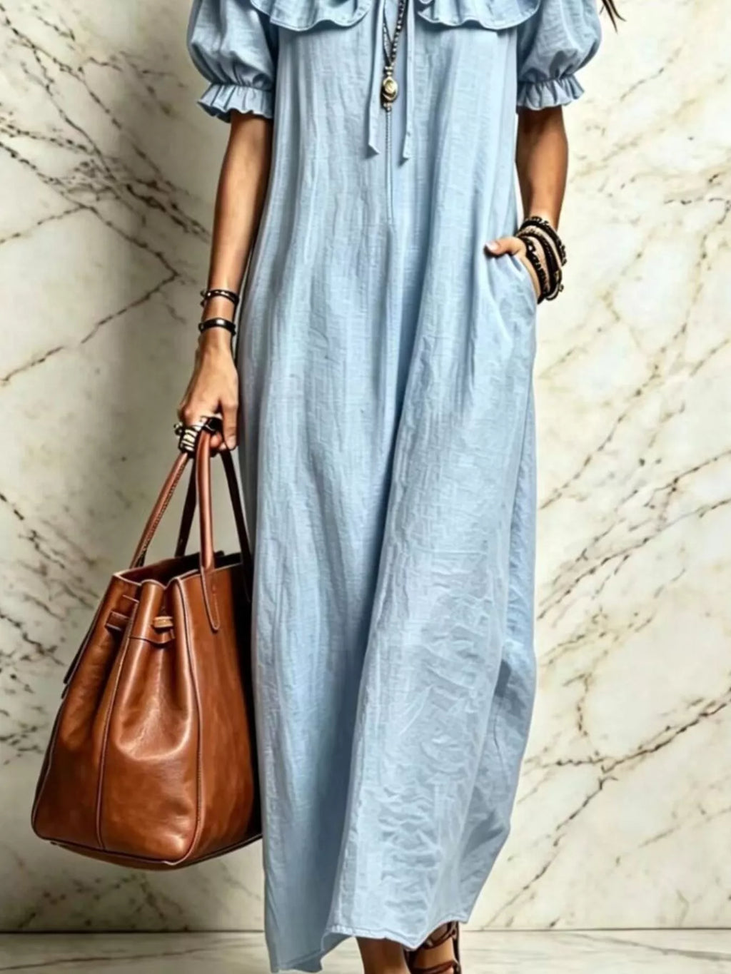 Ruffle Trim Puff Sleeve Maxi Dress