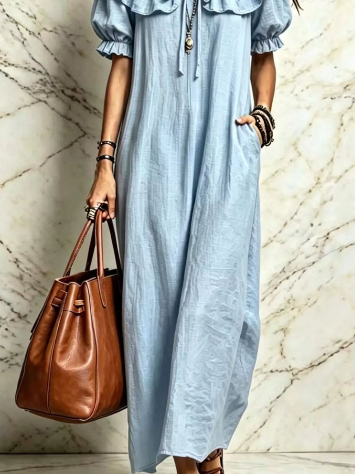 Ruffle Trim Puff Sleeve Maxi Dress