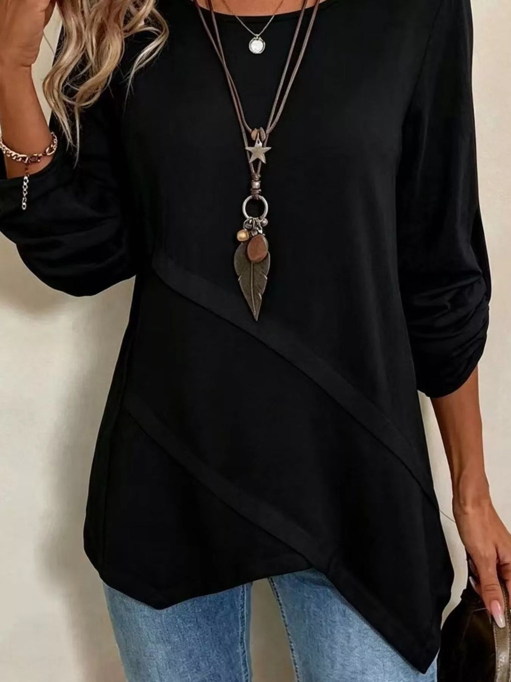 Asymmetrical Hem Solid Color Linen Blouse