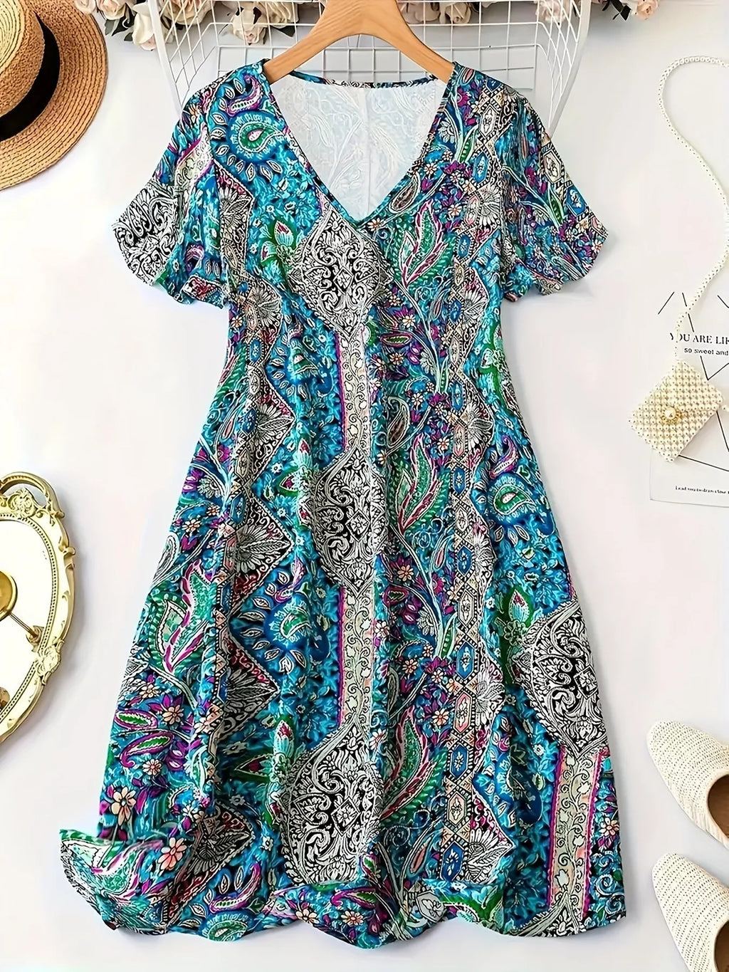 Paisley Print V-Neck Short Sleeve Dress