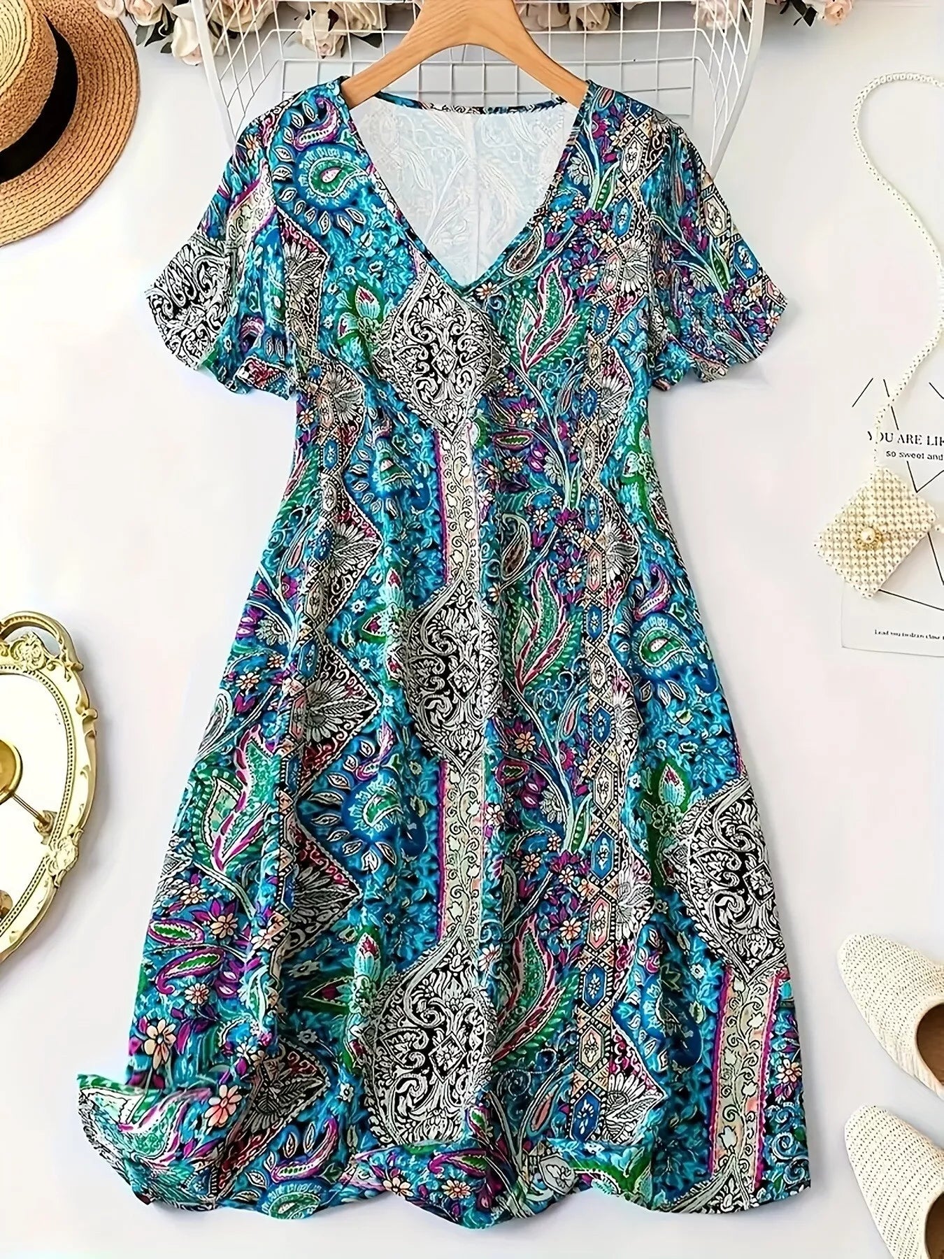 Paisley Print V-Neck Short Sleeve Dress