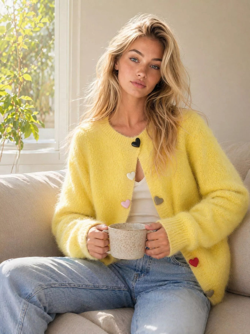 Heart Buttons Fuzzy Cardigan