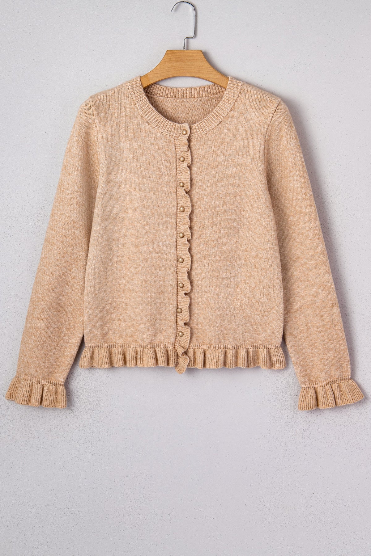 Solid Ruffle Trim Button Front Cardigan