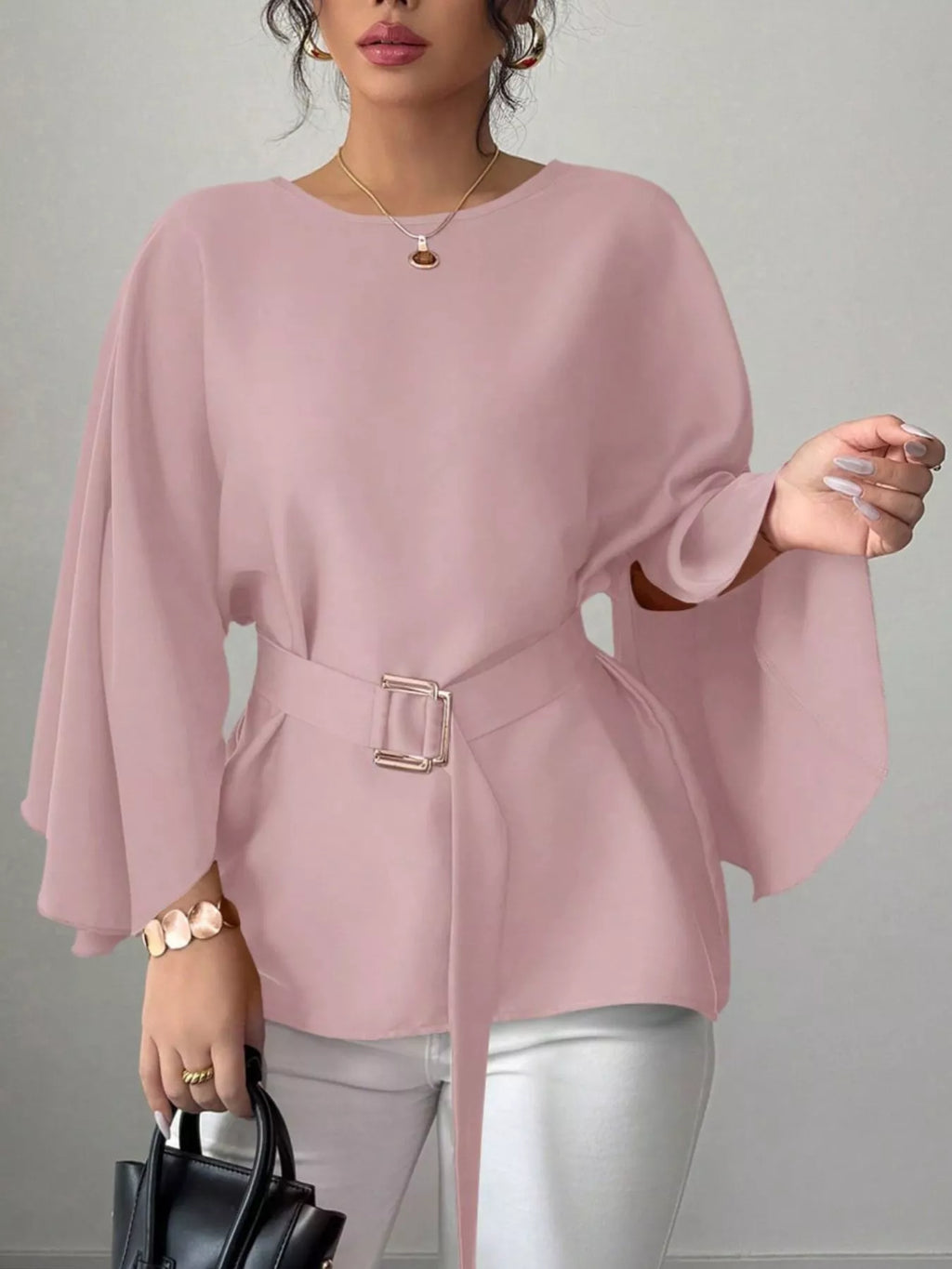 Round Neck Belt Batwing Sleeve Blouse