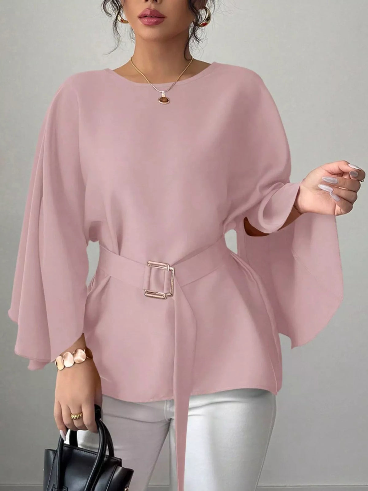 Round Neck Belt Batwing Sleeve Blouse
