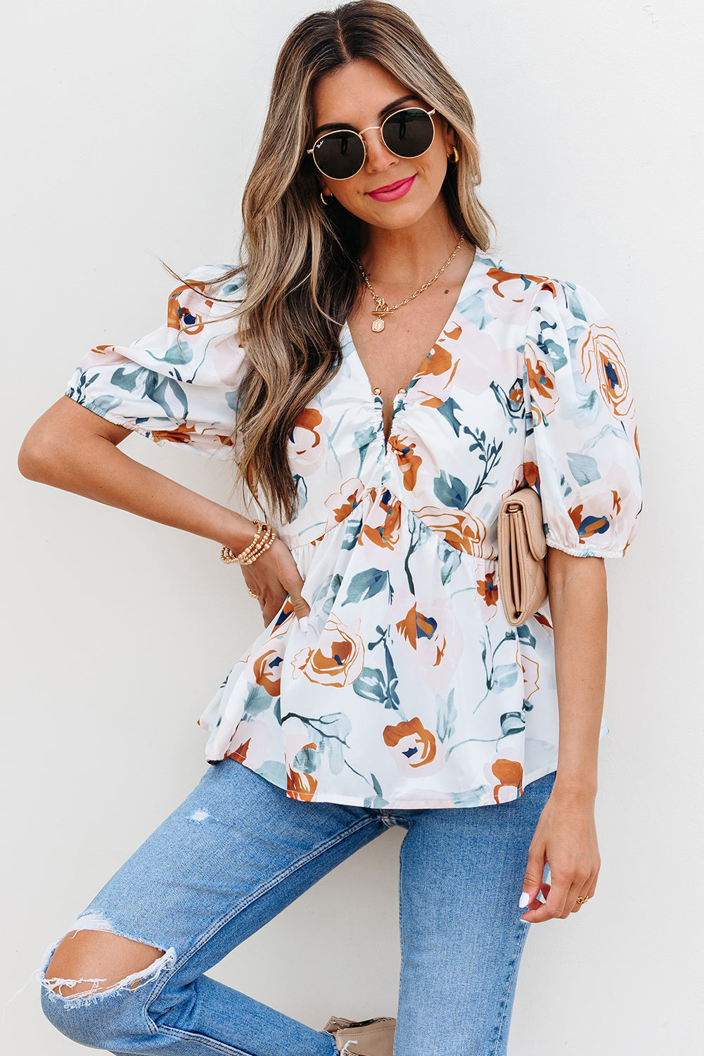 Floral Puff Sleeve V-Neck Babydoll Blouse