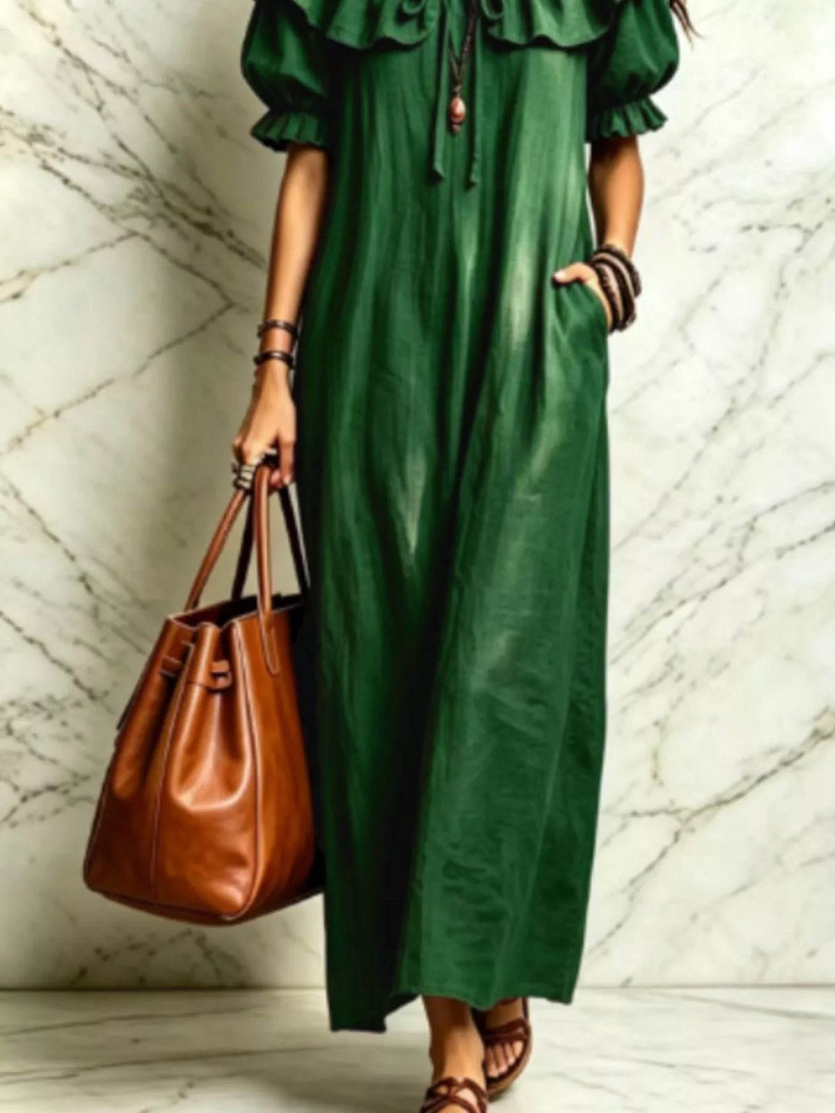 Ruffle Trim Puff Sleeve Maxi Dress