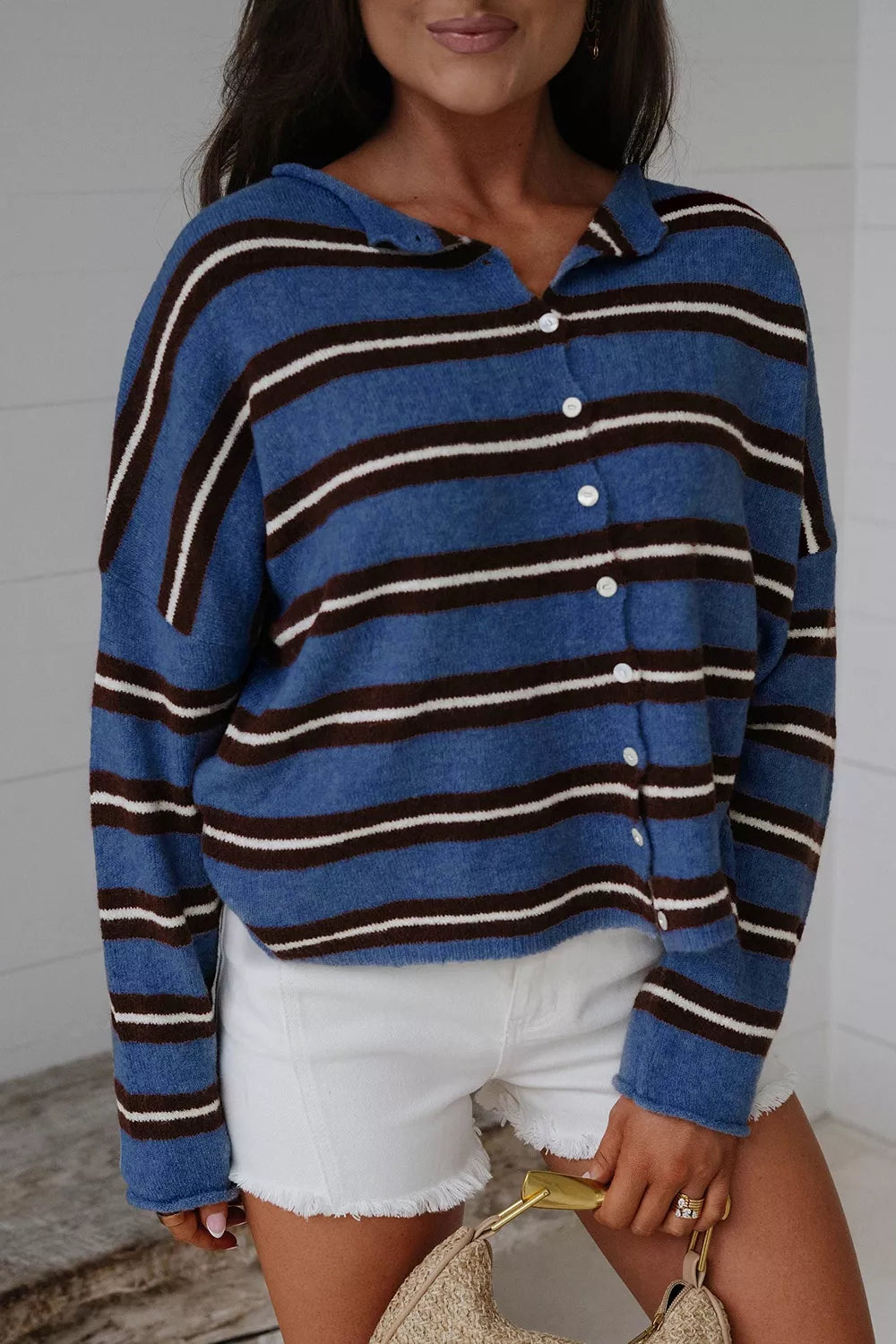 Stripe Striped Drop Shoulder Button Cardigan