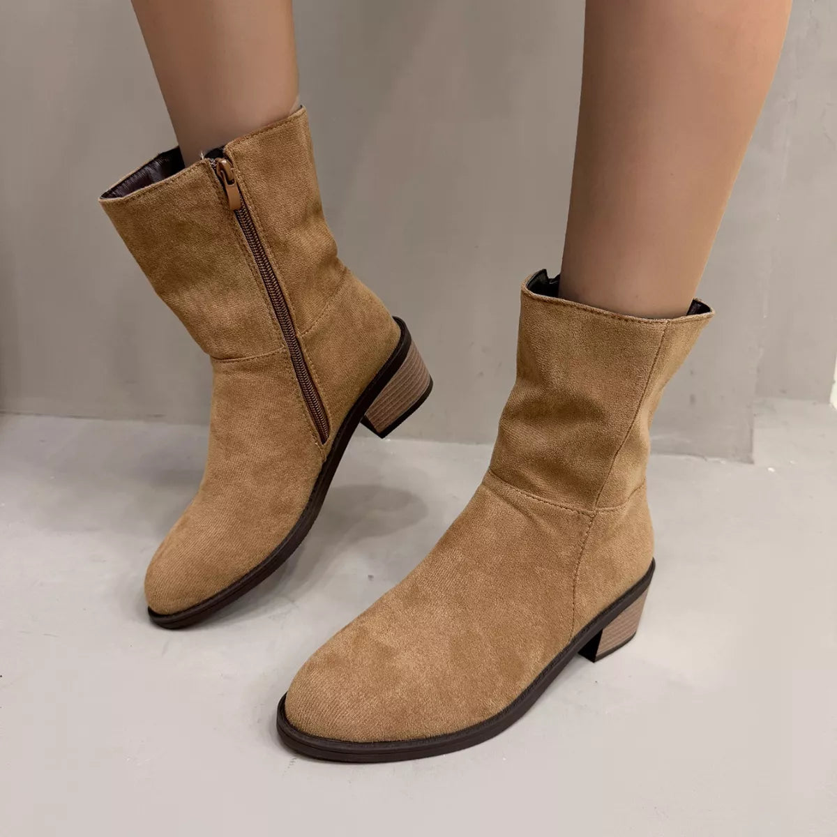 Round Toe Block Heels Ankle Boots
