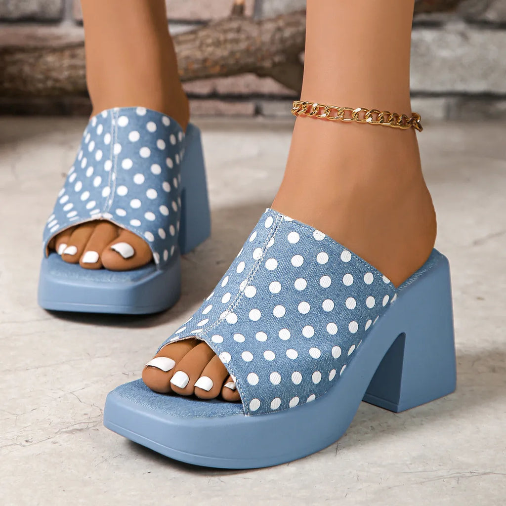 Polka Dot Block Heels Sandals