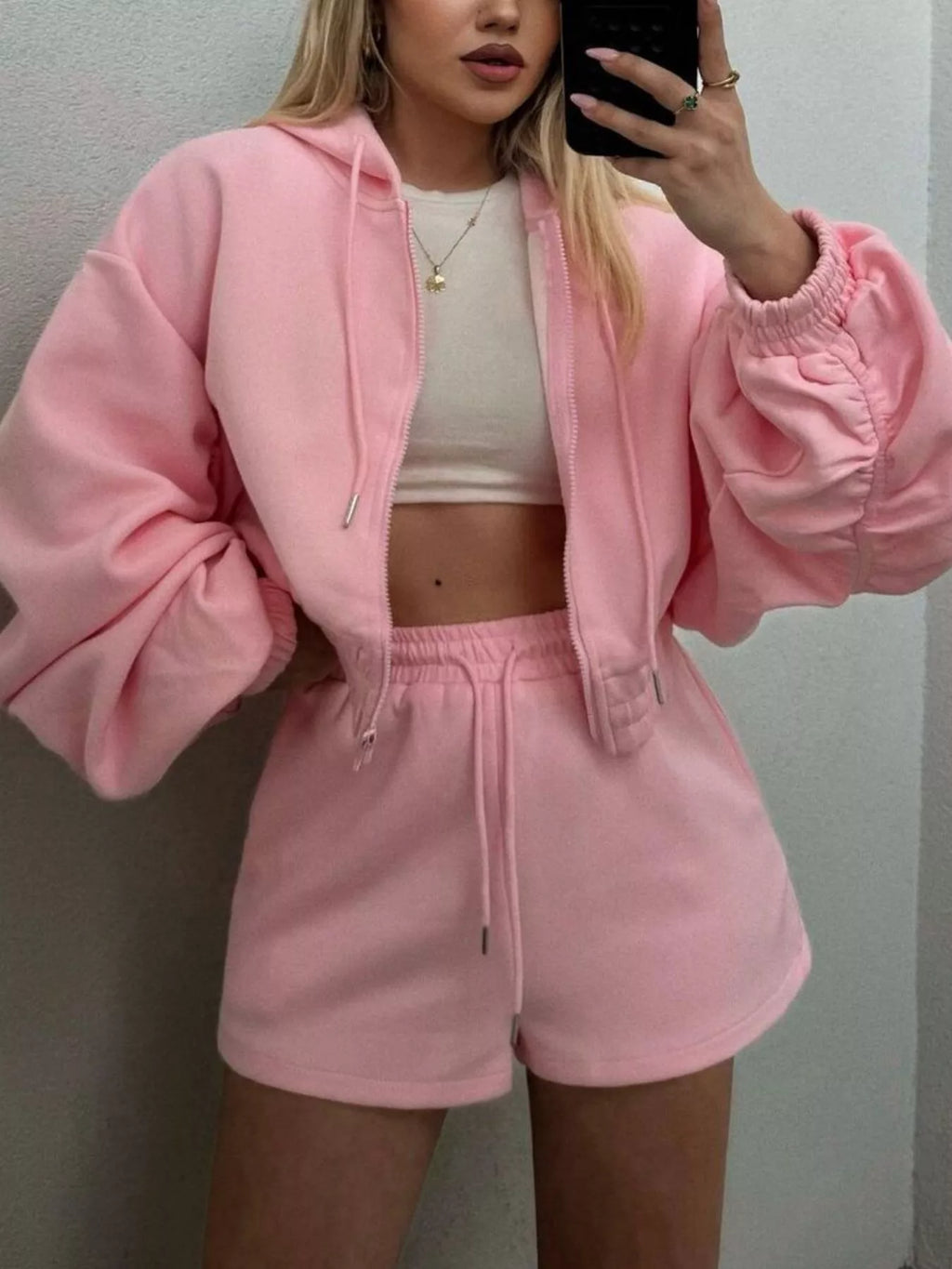 Zip-Up Jacket and High-Waisted Drawstring Shorts Set