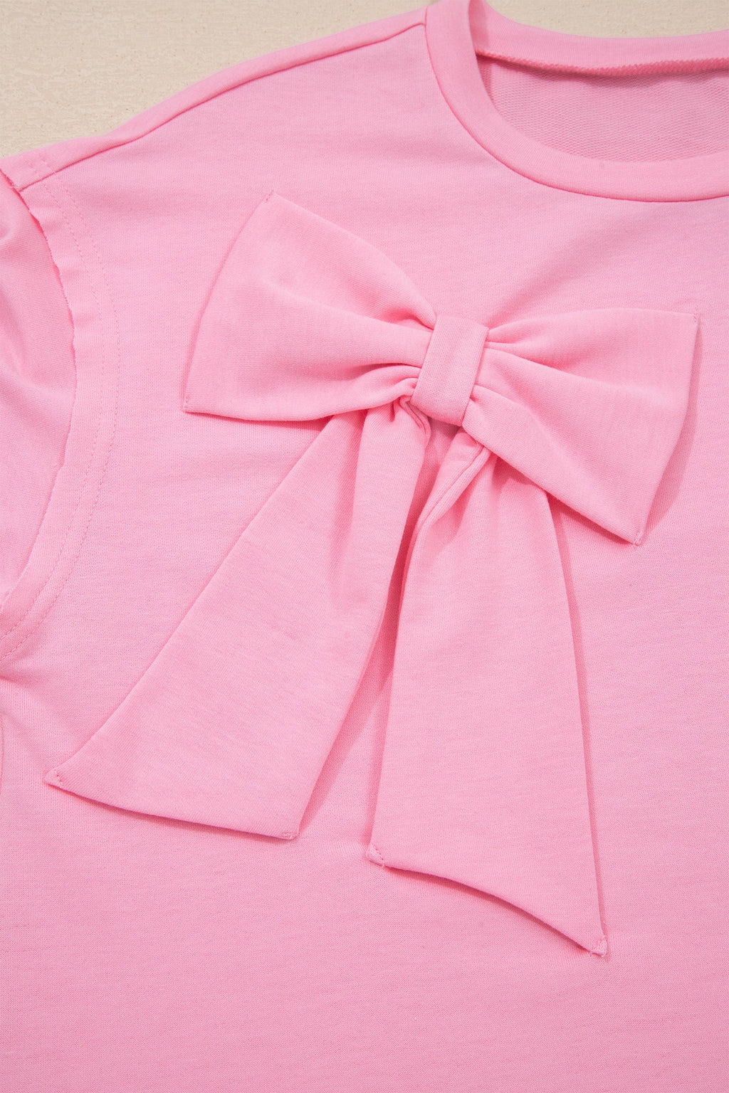 Pink Solid Color Raw Edge Bow Patch Loose T Shirt