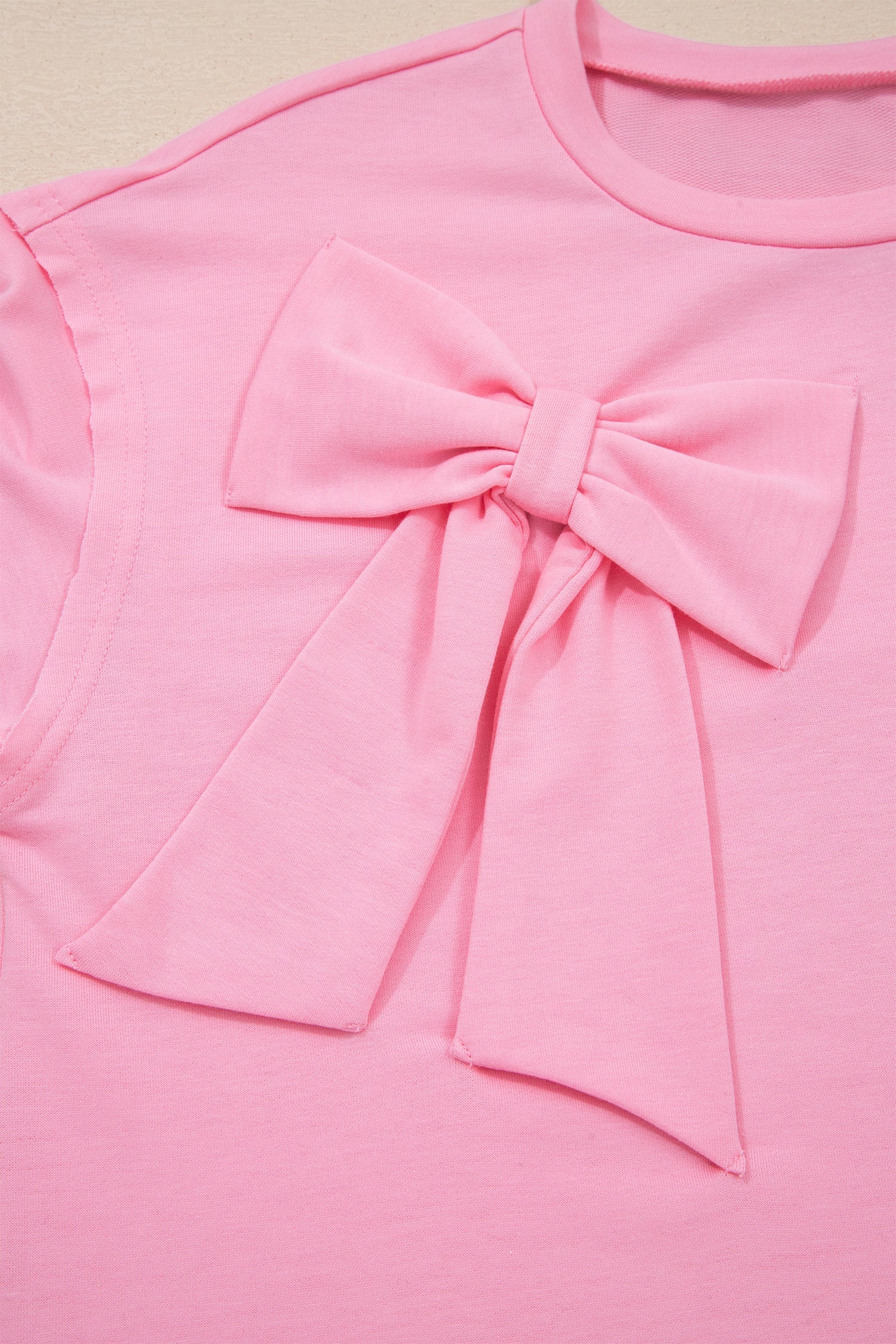 Pink Solid Color Raw Edge Bow Patch Loose T Shirt